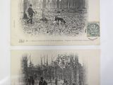 two black and white pictures of men and dogs in the woods