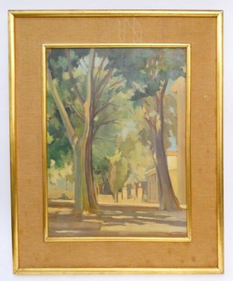 une peinture à l'huile représentant des arbres dans un parc avec un bâtiment à l'arrière-plan