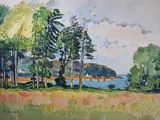 un tableau représentant un champ avec des arbres et un plan d'eau en arrière-plan
