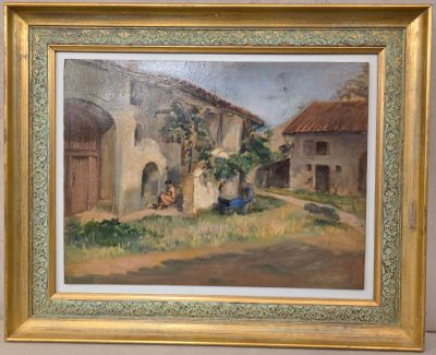 une peinture à l'huile représentant une scène de village, dans un cadre doré