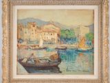 an oil painting of a boat in a harbor with buildings in the background