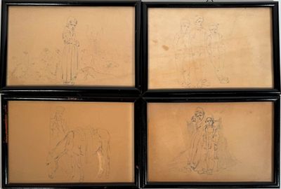 quatre dessins encadrés représentant une femme et un homme à cheval
