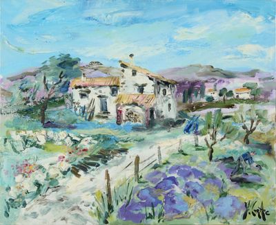 une peinture à l'huile représentant une maison dans un champ parsemé de fleurs violettes