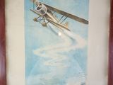 painting of a small plane flying through the air with a blue sky in the background