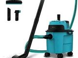 a blue vacuum with a black handle and a black hose