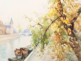 a watercolor painting of a boat on the river