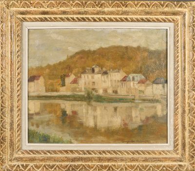 a painting of a river scene with houses and a mountain in the background