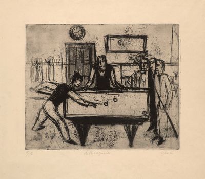 a drawing of a pool table with people playing it