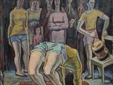 tableau représentant un homme penché sur un tapis devant un groupe de personnes