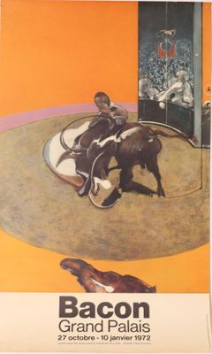 poster of a man riding a horse in front of a bull in a ring