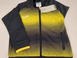 the jacket is yellow and black and has a hoodie on it