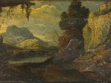 an old painting of a landscape with trees and mountains in the background