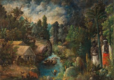 un tableau représentant un homme et une femme dans les bois