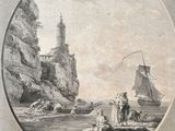 an old picture of a man standing on a rock next to a boat