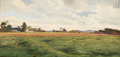 une peinture à l'huile d'un champ avec une maison au loin