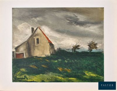 tableau représentant une maison sur une colline, avec un ciel nuageux en arrière-plan