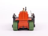 an orange and green toy tank on a white surface