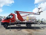 a red truck with a crane on the back of it