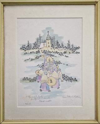 painting of a woman holding a child in front of a castle
