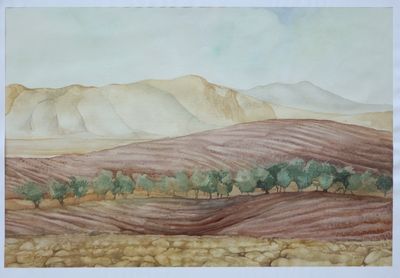 peinture représentant un paysage avec des collines et des arbres au premier plan