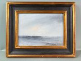 an oil painting of a sailboat in the distance on the water