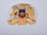 a gold brooch with a blue and red shield on it