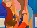 painting of a woman holding a child in her arms in front of a blue and brown background