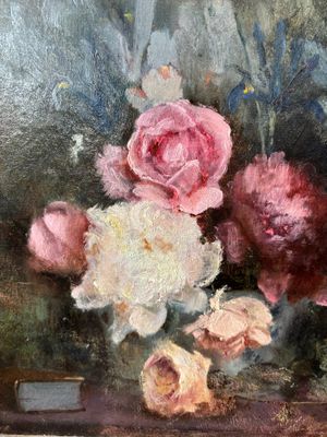 an oil painting of a vase of flowers on a table