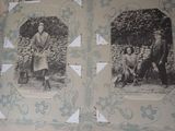 two pictures of a man and a woman sitting on a couch
