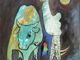 a painting of a bird and a fish on a table
