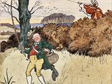 Tableau représentant un homme vêtu d'un manteau vert et d'un pantalon jaune en train de faire voler un cerf-volant au-dessus d'une rivière