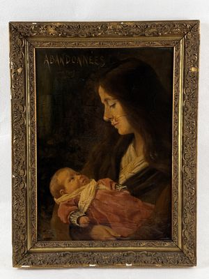 une peinture ancienne représentant une femme tenant un bébé dans ses bras