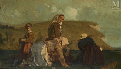painting of three people riding horses in a field with a mountain in the background
