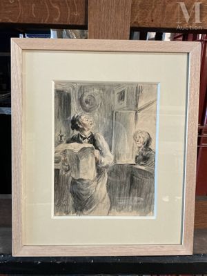 drawing of a woman holding a baby in her arms in a living room