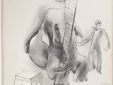dessin au crayon représentant un homme sur un éléphant, avec un autre homme sur le dos de l'éléphant