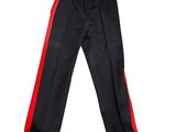 black pants with red side stripes on a white background
