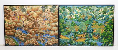two paintings of a forest and a river are hanging on a wall
