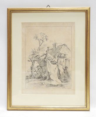 a drawing of a woman sitting on a bench in front of a house