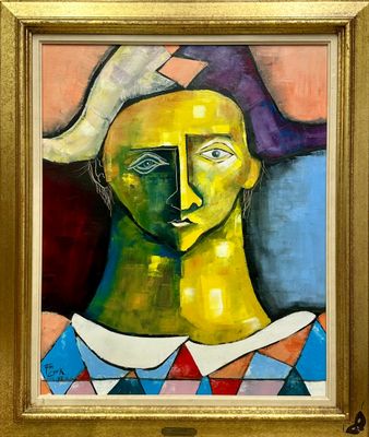 painting of a man with a hat and a tie in a gold frame