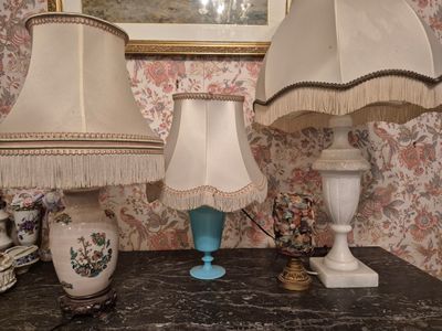 deux lampes posées sur une table, avec un tableau en arrière-plan