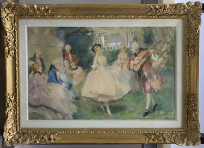 un tableau représentant un groupe de personnes en train de danser dans un parc