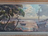 une peinture représentant un bateau sur l'eau, près du rivage