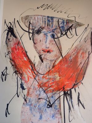 tableau représentant une femme coiffée d'un chapeau et tenant un couteau à la main