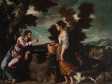 painting of a man and a woman with a dog in a landscape