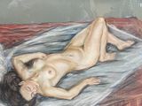 a painting of a naked woman laying on a bed
