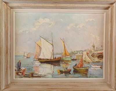 une image représentant un tableau montrant des bateaux sur l'eau près d'un embarcadère
