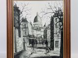 tableau représentant une scène de rue avec une calèche devant une église