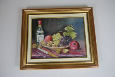 a painting of a bowl of fruit and a bottle of wine