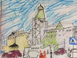 a drawing of a street scene with cars and people