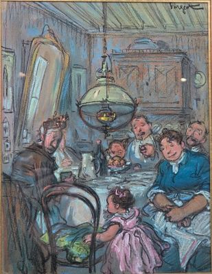 tableau représentant un groupe de personnes assises autour d'une table à manger